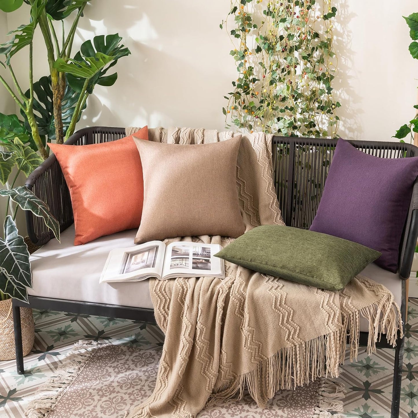 MIULEE Decorative Outdoor Throw Pillow Covers - Waterproof Faux Linen Cushion Cases | Olive Green, 20x12 Inch, Set of 2