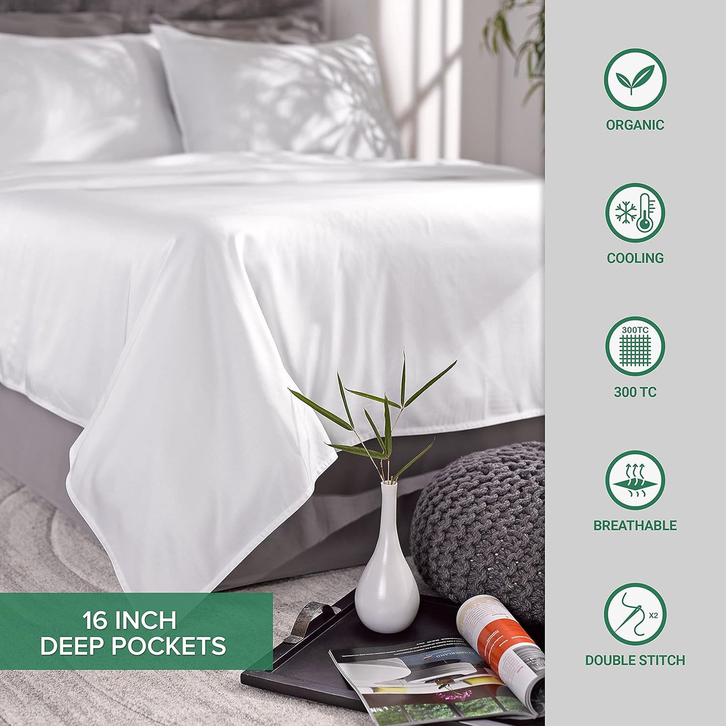 Pure Bamboo Split King Sheets - 100% Organic Viscose Bed Sheet Set, Soft & Cooling, Pesto Color