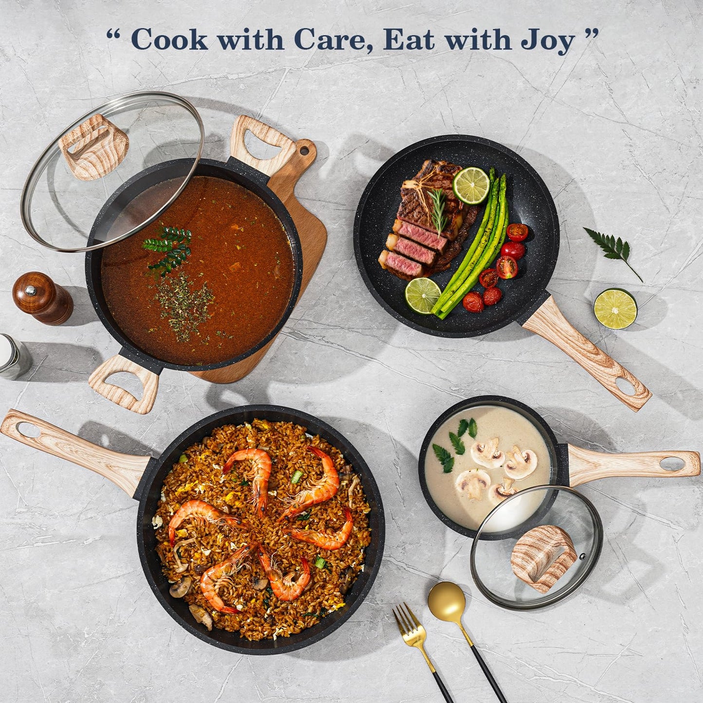 SODAY 12 Pcs Pots and Pans Set Non Stick, Cookware Sets Black Granite Induction Cookware, Non-toxic Healthy Nonstick Kitchen Cooking Set with Frying Pans Set, Saucepans (PFAS/ PFOA/ PFOS Free)