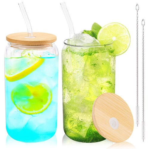 Joyclub Glass Cups with Bamboo Lids and Straws 2 Set 16 oz Reusable Iced Coffee Cup Beer Can Drinking Jars for Smoothie Whiskey Boba Soda Tea Gift
