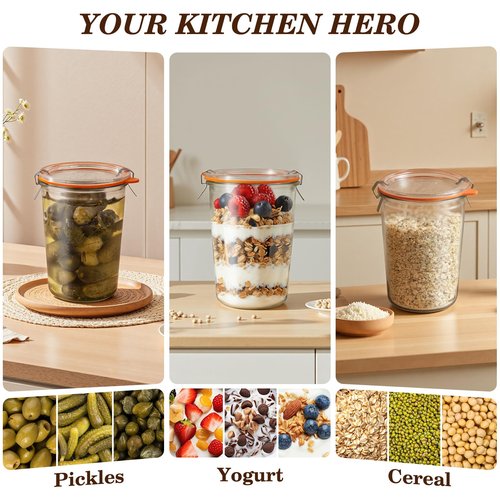 Freshmage Canning Jars 27 oz 2 Pack, Sourdough Starter Jars with 2 Lids Per Jar (Glass Sealing Lid & Plastic Lid), 800ML Wide Mouth Airtight Glass Storage Containers for Pickles, Yogurt, Pasta, Cereal
