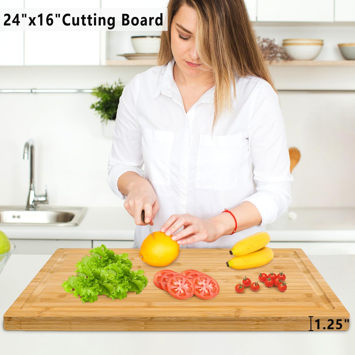 Extra Large XXXL Bamboo Cutting Board 24 x16 Inch, Largest Wooden Butcher Block for Turkey, Meat, Vegetables, BBQ, Over the Sink Chopping Board with Handle and Juice Groove, Thickness 1.25"