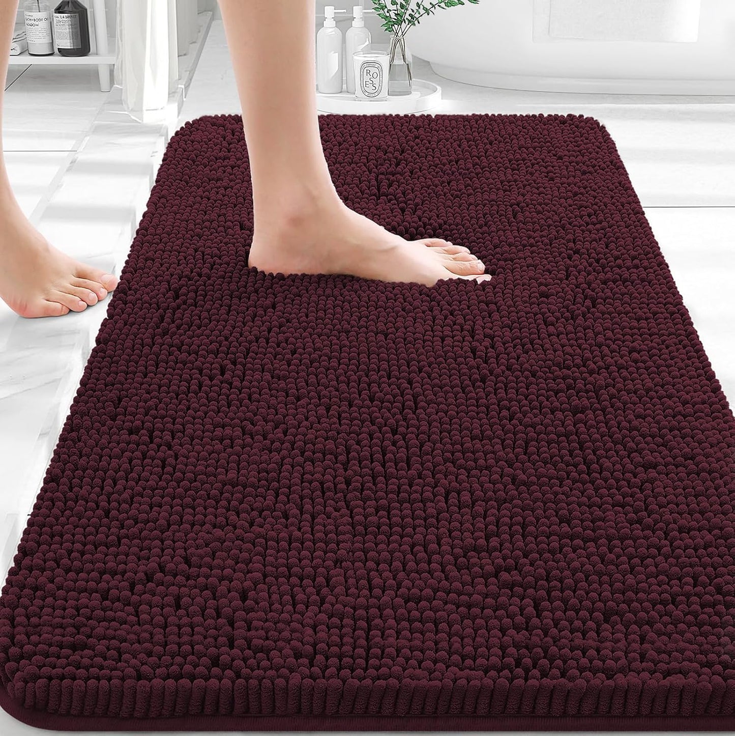 OLANLY Bathroom Rugs - Extra Soft Chenille Bath Mats with Rubber Backing | Quick Dry, Machine Washable, 30x20, Black Cherry