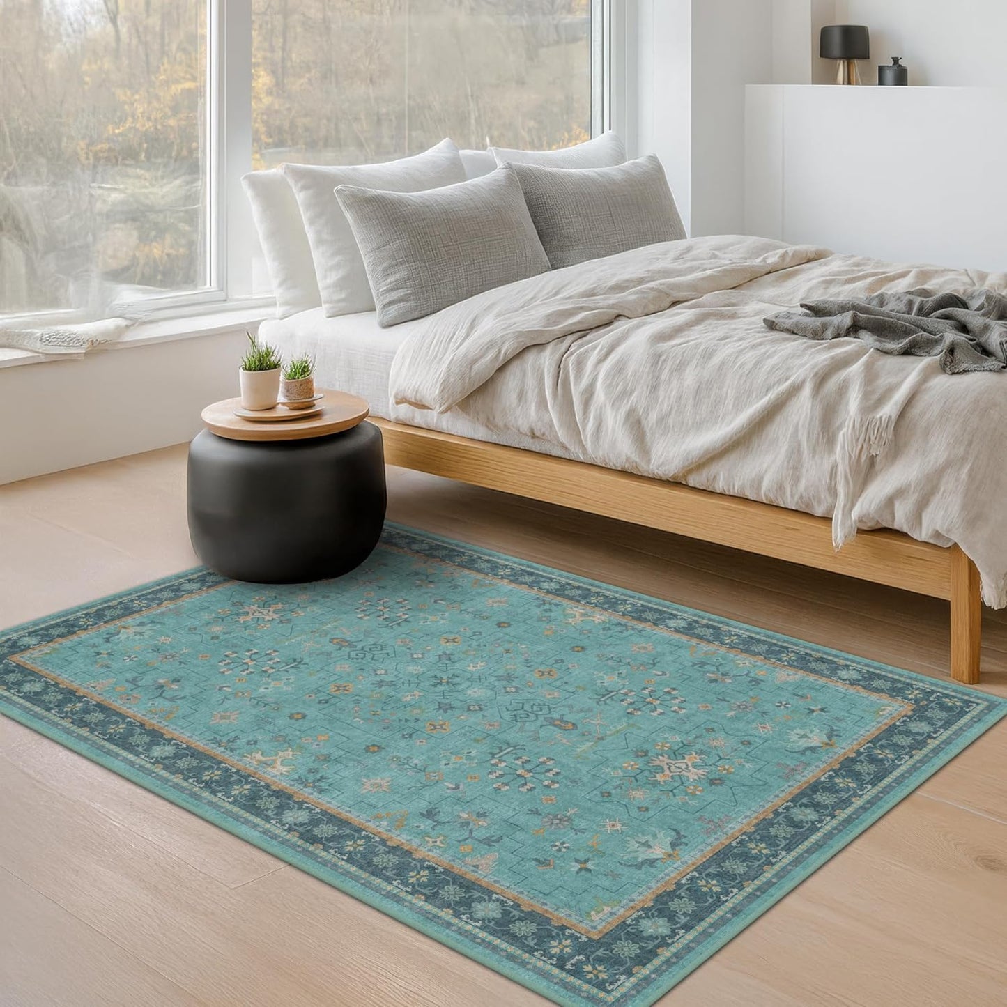 Skiennix Washable Teal Rug - 3x5 Indoor Throw Rug for Kitchen, Bedroom, Bathroom | Non-Slip, Fade-Resistant Boho Décor