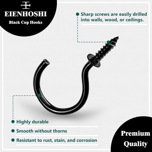 EIENHOSHI Screw Hooks - 105 Pcs in 6 Sizes for Versatile Hanging | Black Metal Cup Hooks (1/2" to 1-1/4")