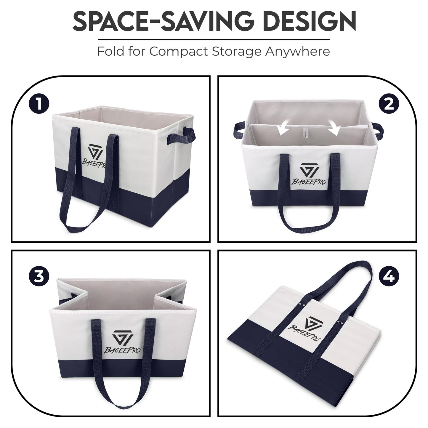 BageePro 2Pack Collapsible Tote Bags | Reusable Grocery Bag | Foldable Heavy Duty Shopping Bags with Handles for Food, Storage, and Groceries | Large Utility Tote Organizer | Navy Blue