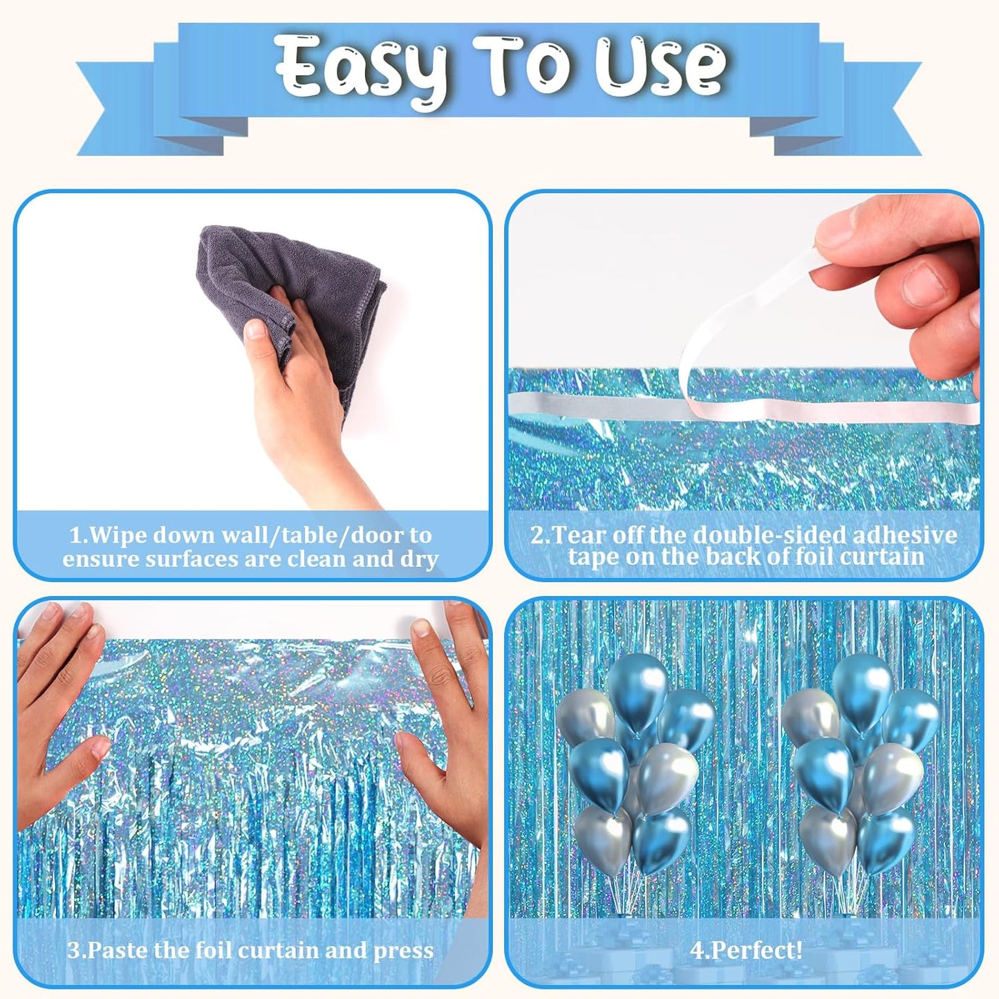 Voircoloria Foil Fringe Backdrop Curtains - 3.3 x 6.6 Ft Tinsel Streamers for Parties | Light Blue