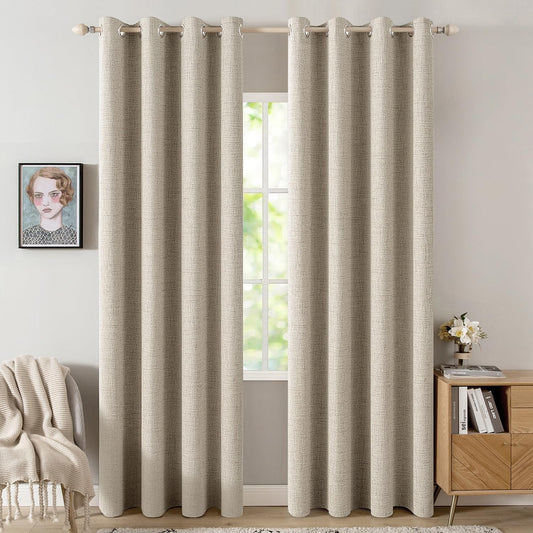 MIULEE Linen Curtains - 100% Blackout Thermal Insulated Drapes | Room Darkening, Stone, 52 x 72 Inch (2 Panels)