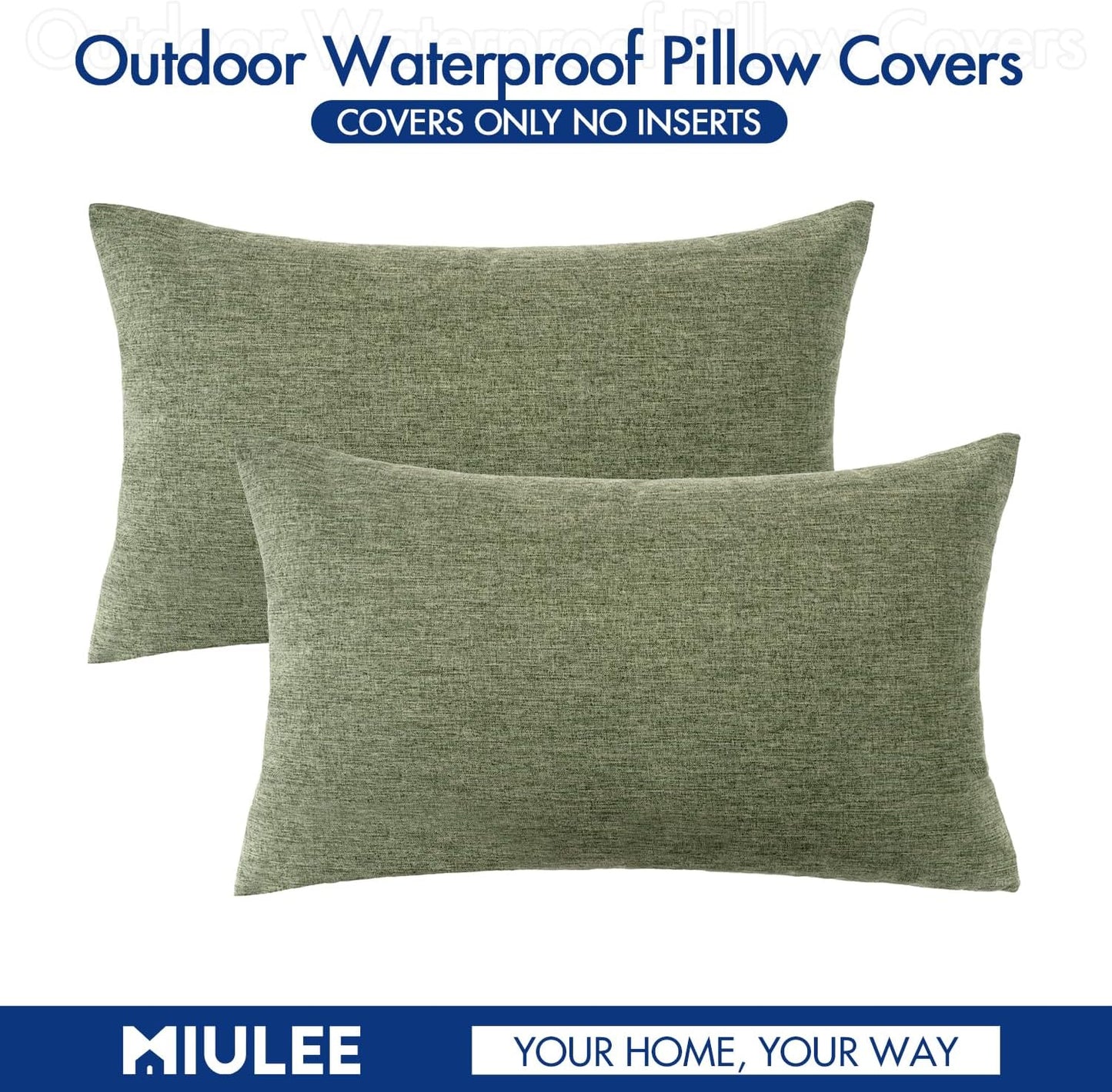 MIULEE Decorative Outdoor Throw Pillow Covers - Waterproof Faux Linen Cushion Cases | 20x12 Inch Gray Green (Pack of 2)