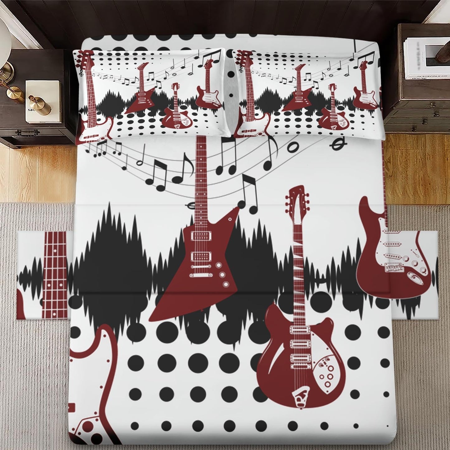 WeCozy Queen Size Bed Sheet Sets with Pillowcases, Guitar Rock Music 4 Pcs Soft Microfiber Bedding for Kids and Adults, Musical Play Flat, Fitted Sheet for Bedroom Bed Decor