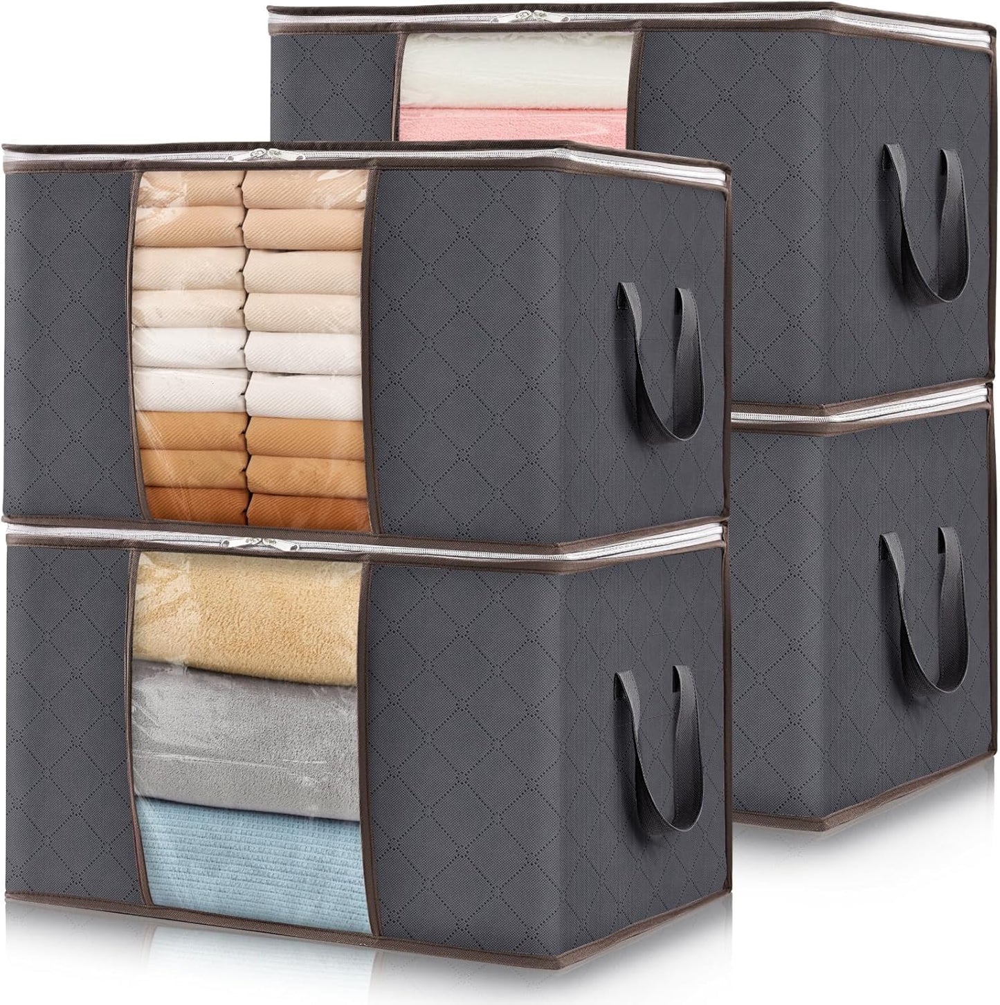Skiennix Large Clothes Storage Bags - 4 Pack Foldable Organizers with Clear Window for Blankets & Toys | Gray