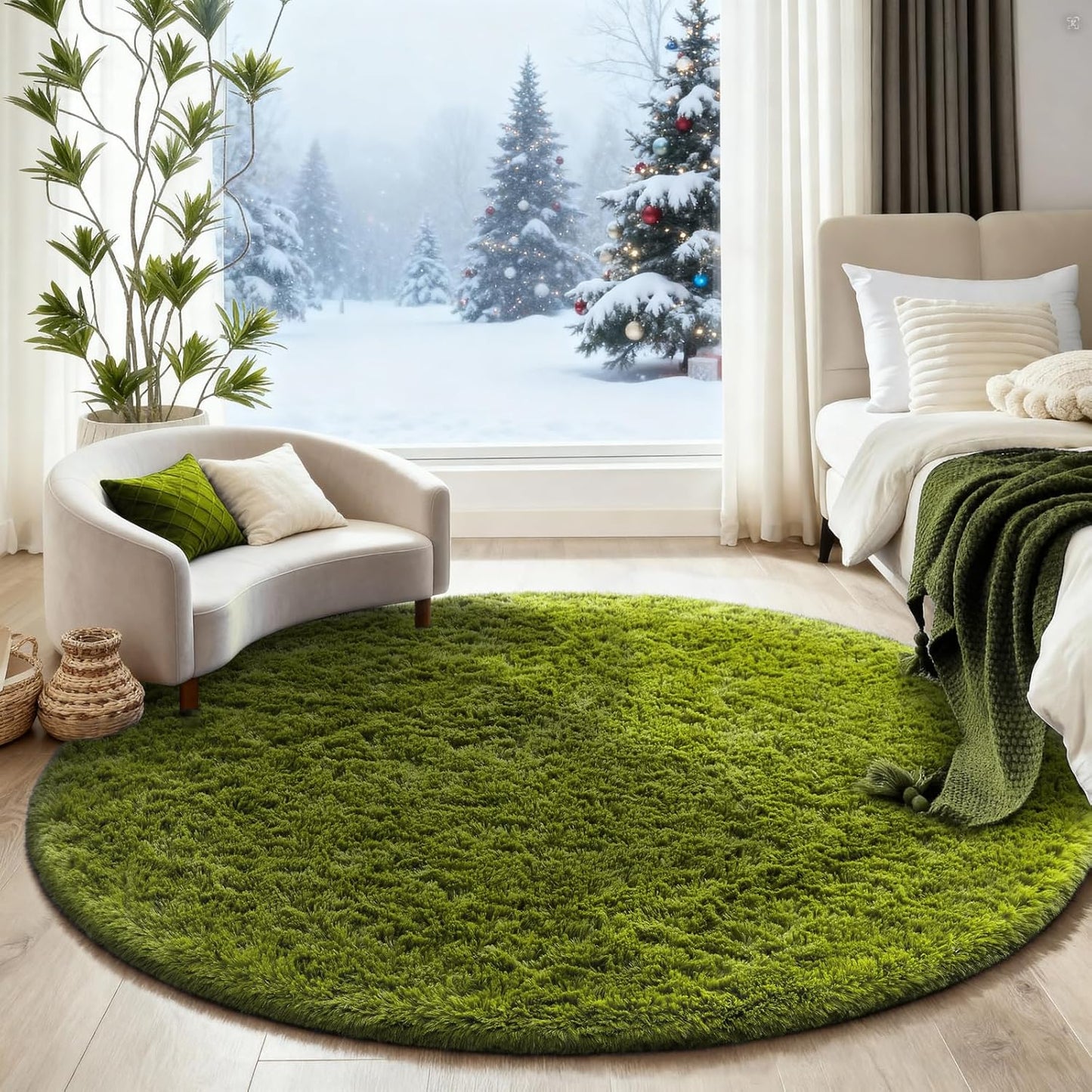 Ophanie Round Rug - 6Ft Green Circle Area Rug | Plush Soft Shaggy Carpet for Kids' Rooms & Nurseries