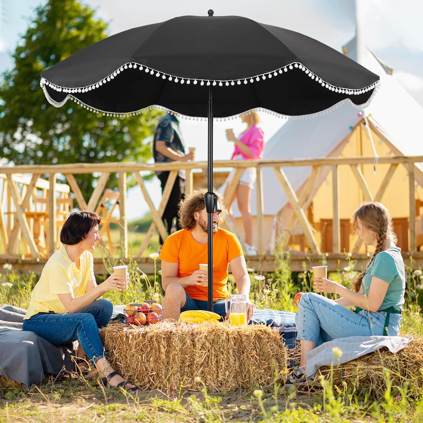 Sun-Ray 9' Patio Umbrella - Black Canopy with White Fringe Accents | Stylish Market Umbrella for Deck & Backyard