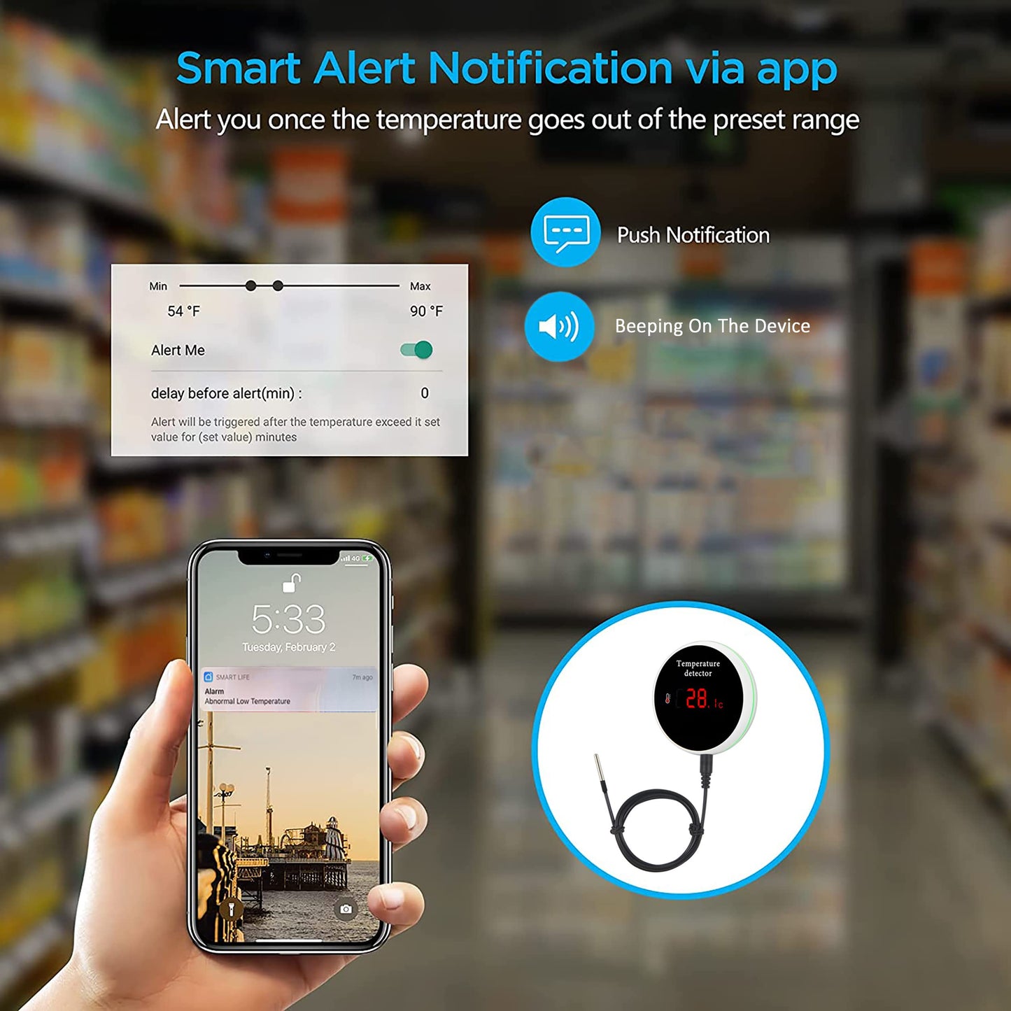WiFi Temperature Sensor Smart Thermometer: Digital Temperature Monitor Gauge with Waterproof External Probe, App Alert & Buzzer Alarm, Rechargeable Battery, for Freezer, Refrigerator, Fish Tank