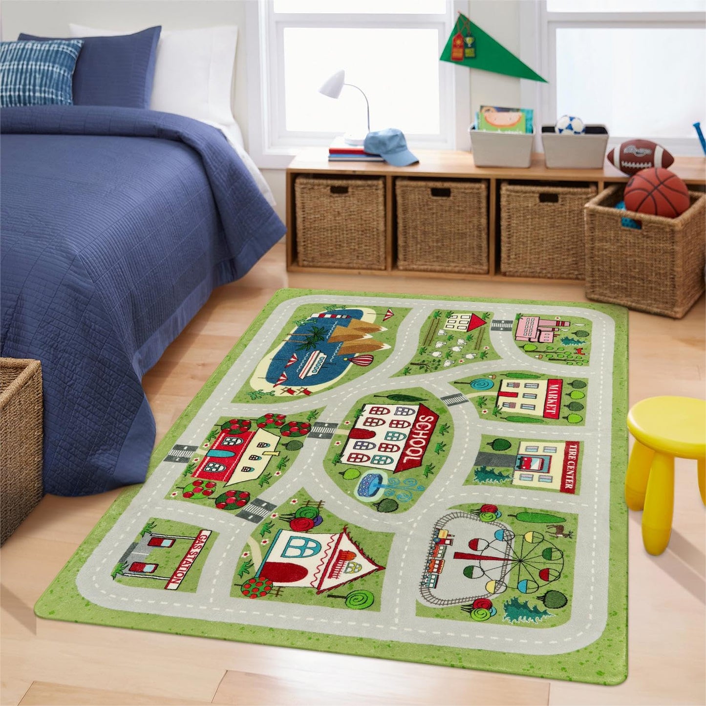 LIVEBOX Green Washable Playroom Rug, 4'x6' Non-Slip Soft Car Rug for Boys Room, Baby Nursery, Kids Floor Mats for Boys Girls Dorm Toy Room Tent