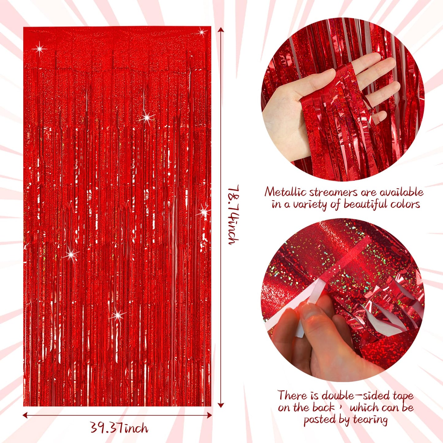 Tinsel Curtain Backdrop Red Birthday Party Decorations 2 Packs Glitter Foil Fringe Curtain Decor Streamers Photo Booth for Christmas Wedding Halloween Graduation