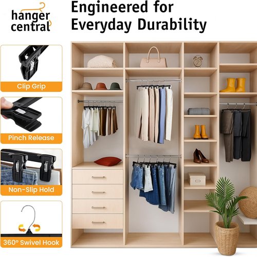 Hanger Central 30 Pack Pants Hangers - Heavy Duty Slim Plastic Clips for Skirts & Pants | Black
