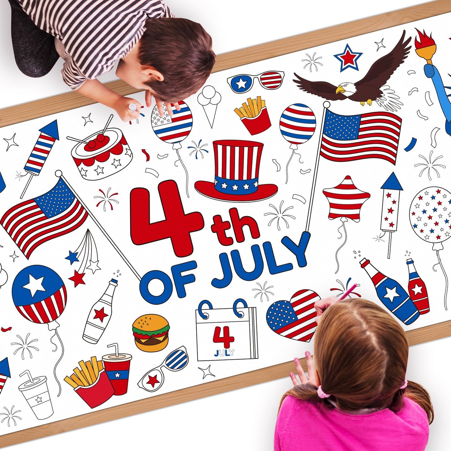Childom 1 Pack Fourth of July Coloring Tablecloth for Kids,4th of July Crafts for Kids 30"x72" Giant Coloring Poster Table Cloth,Large Paper Poster Crafts Party Activities,4th of July Paper Tablecloth
