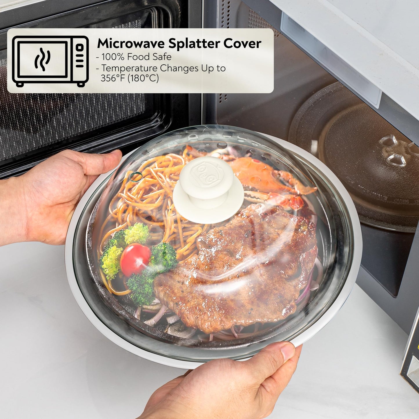 OEC Lighter Weight Tempered Glass Microwave Splatter Cover - 10 inch (Inner Diameter 8.7”) - Heat-Resistant - Durable Glass Lid with Vent, Silicone Knob, Dishwasher Safe, 100% Food Grade - BPA Free