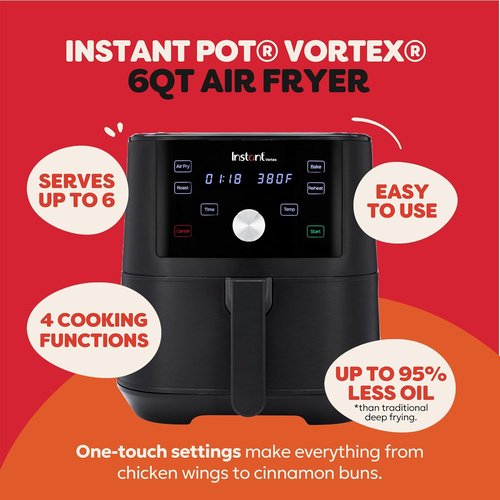Instant Pot Vortex 6QT XL Air Fryer - 4-in-1 Multi-Function Cooking with 100+ Recipes | Dishwasher-Safe, Black