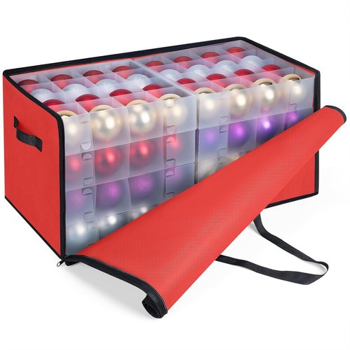 BALEINE Christmas Ornament Storage Box - Premium Red Container with Dividers for 128 Balls
