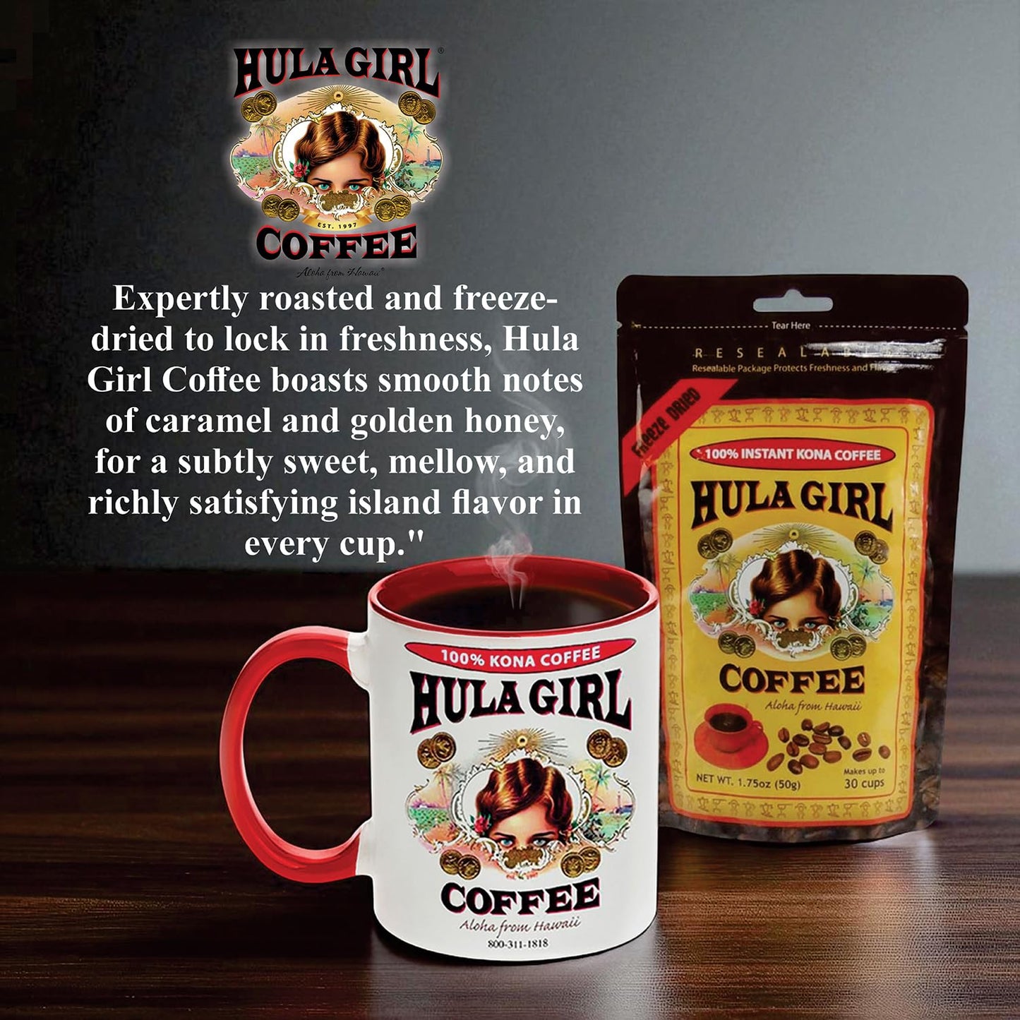 KONA COFFEE 100% - Premium Freeze Dried Instant - Low Acid - Medium Roast Arabica, 1.5oz (1 Pack | 25 Servings) KONA COFFEE 100% - Low Acid Coffee - Servings) Hula Girl the Store