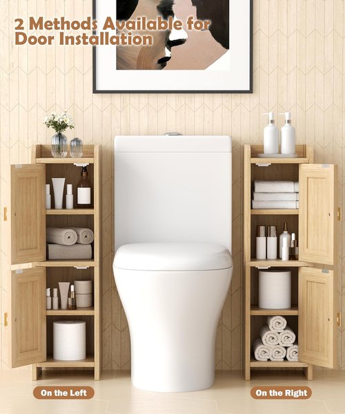 Akxomel Rattan Bathroom Cabinet - 2-Door Narrow Toilet Paper Storage Organizer | 7.9''D x 7.9''W, Natural Oak