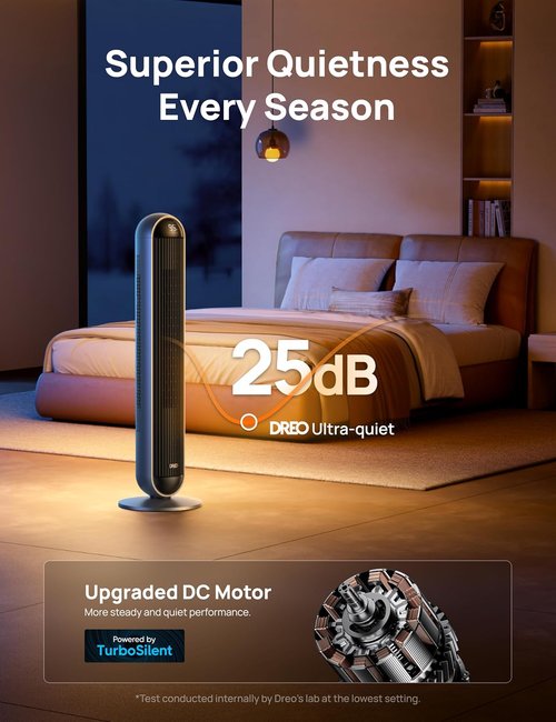 DREO Tower Fan & Heater Combo - 42 Inch, 120° Oscillation, 17 Levels, 6 Modes, Quiet Remote Control | Silver