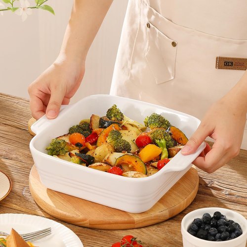 DOWAN 8x8 Ceramic Baking Dish - Square Casserole Pan with Handle for Brownies & Lasagna | 2 Quart, White