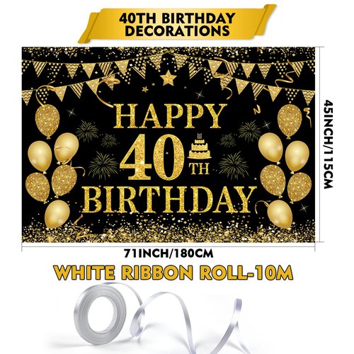 40th Birthday Decorations for Men Women - Happy 40th Birthday Banner Decorations Cheers to 40 Years Birthday Party Suppiles Black Gold Backdrop for 40th Birthday Party Favors Decor (71 x 45 inch)