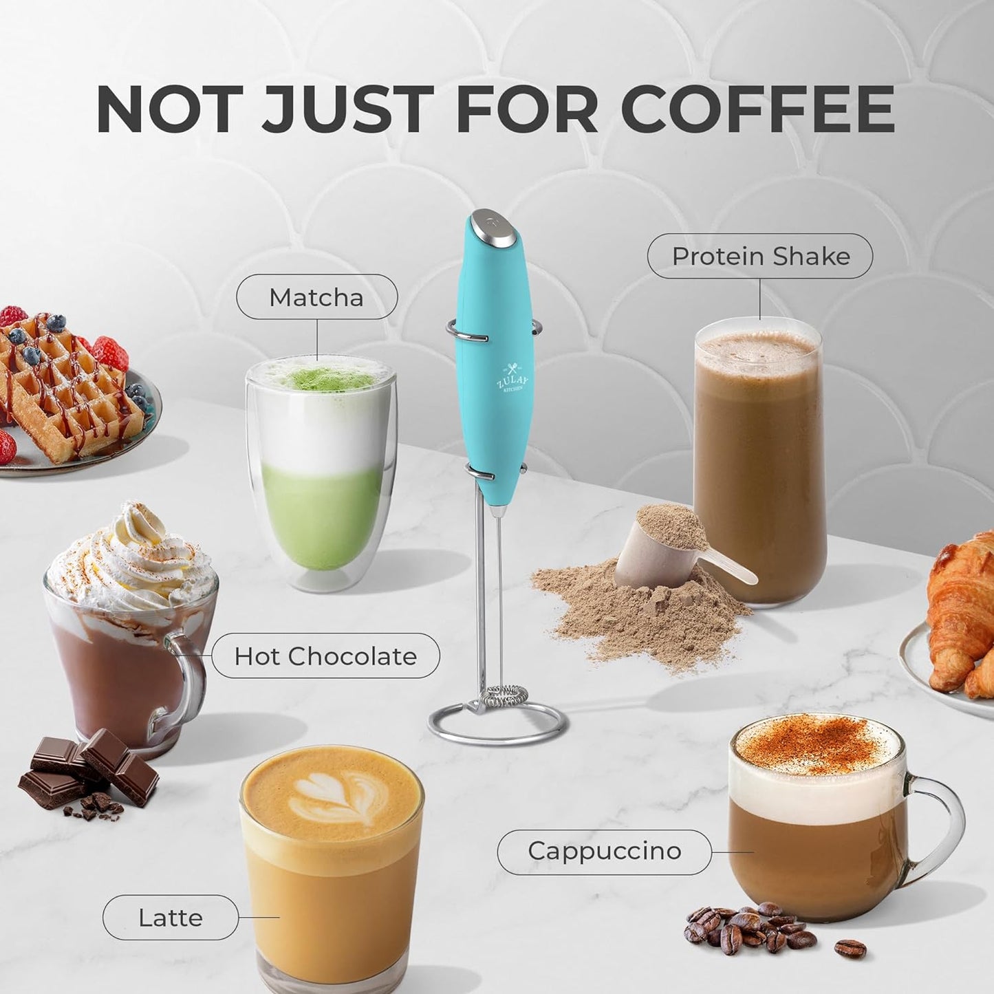 Zulay Kitchen Milk Frother Wand - Ultra-Fast Handheld Electric Whisk for Coffee & Lattes - Aqua