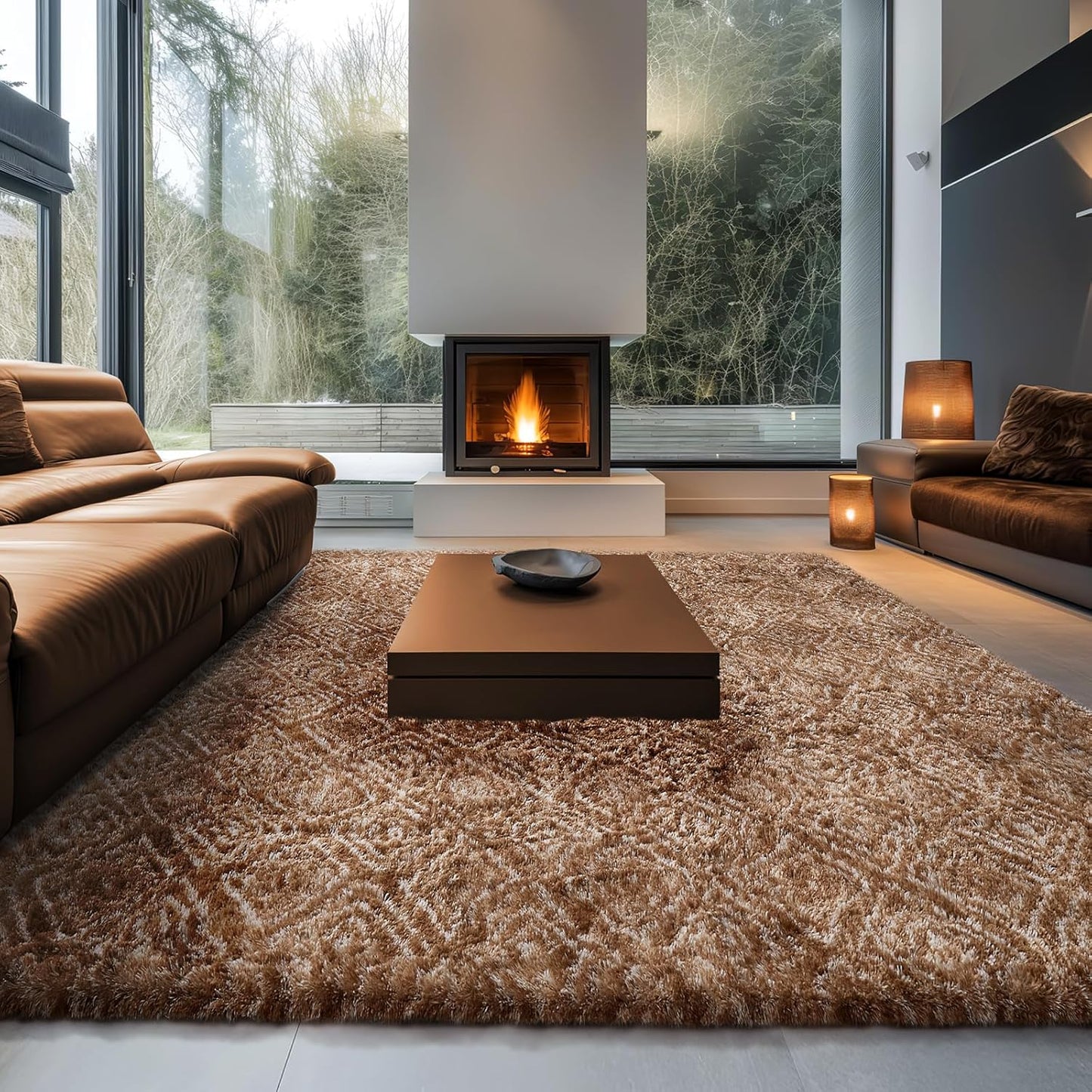 Ophanie Brown & White Diamond Striped Rug - Fluffy Shag 9x12 Soft Carpet for Living Room & Bedroom Decor