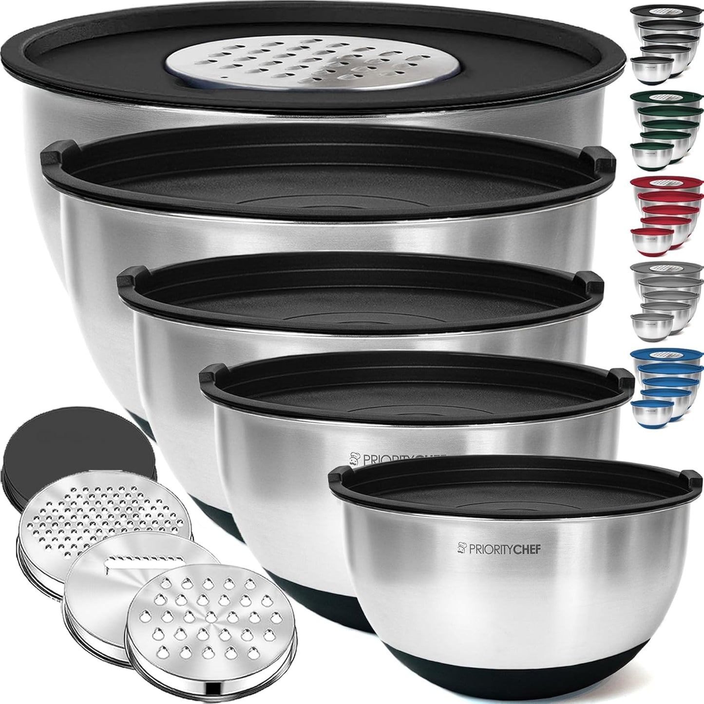 Priority Chef Stainless Steel Mixing Bowls Set - Airtight Lids & Non-Slip Base | 3 Grater Attachments, Black