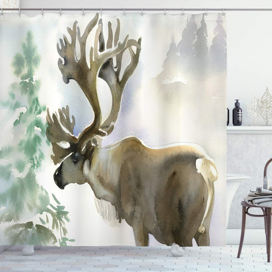Moose Antlers Shower Curtain - Winter Forest Wildlife Decor, 69" x 70", Christmas Theme