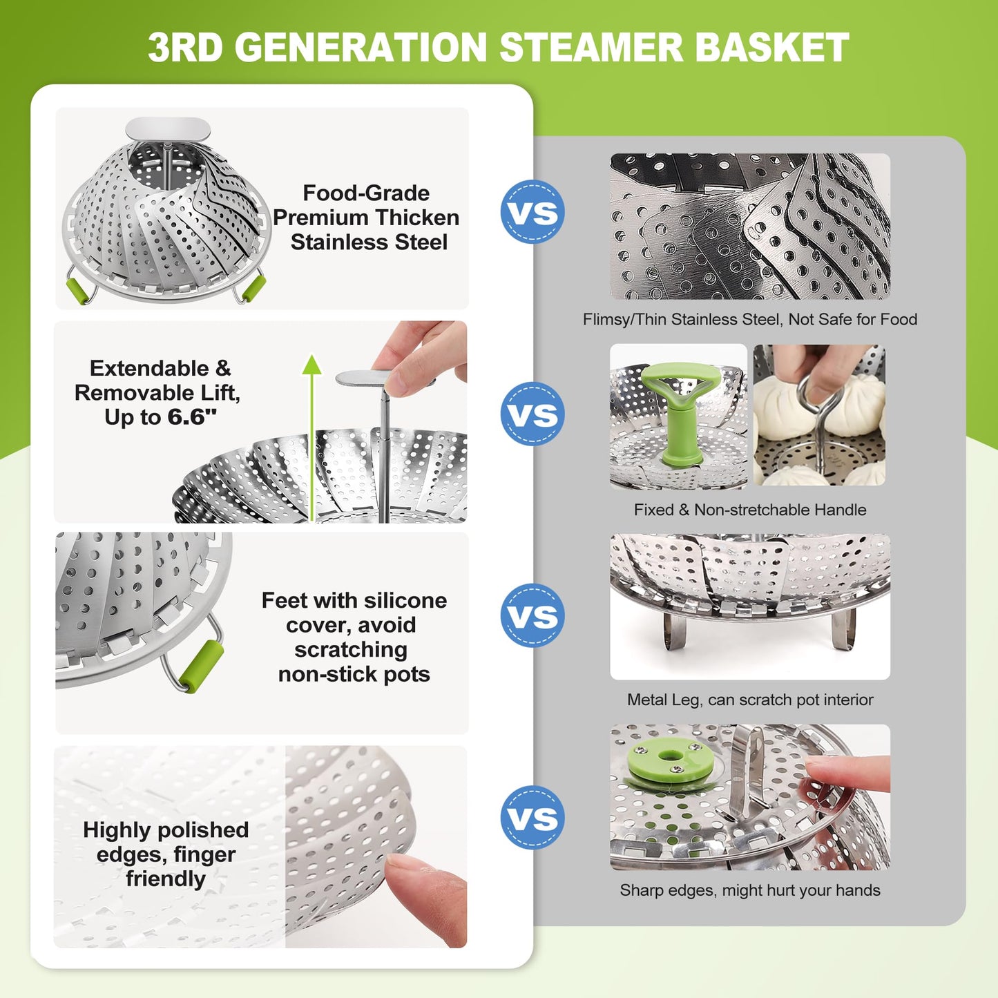 Pavsrmy Steamer Basket, 3rd Generation Stainless Steel Vegetable Steamer with Extendable Handle for Cooking Food, Folding & Expandable Veggie Steam Insert, Fit Various Size Instant Pot (5.5" to 9")