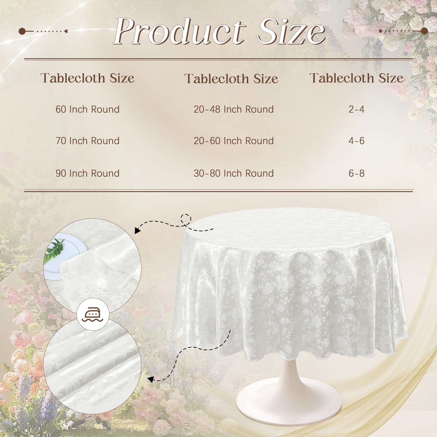 Cobedzy White 60" Round Satin Tablecloth, Jacquard Stain Resistant Table Cloths Wrinkle Free Tablecloth, Silkly Soft Table Cover for Dining Room/Party/Wedding/Banquet/Events
