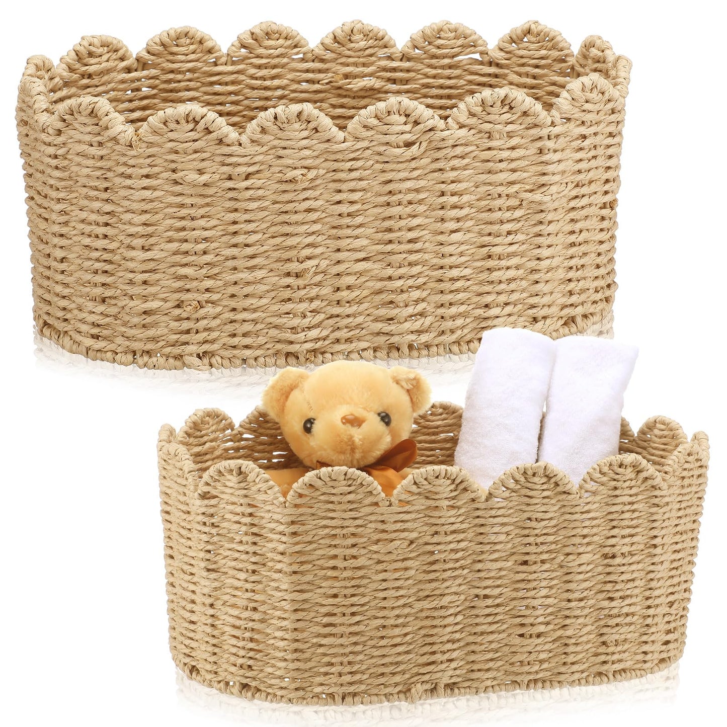 Kritkin 2 Pcs Scalloped Basket Set Hand-woven Baskets with Scalloped Design, 16 x 10 x 7 Inch & 14 x 8 x 6 Inch for Living Room Bedroom Laundry Nursey Storage