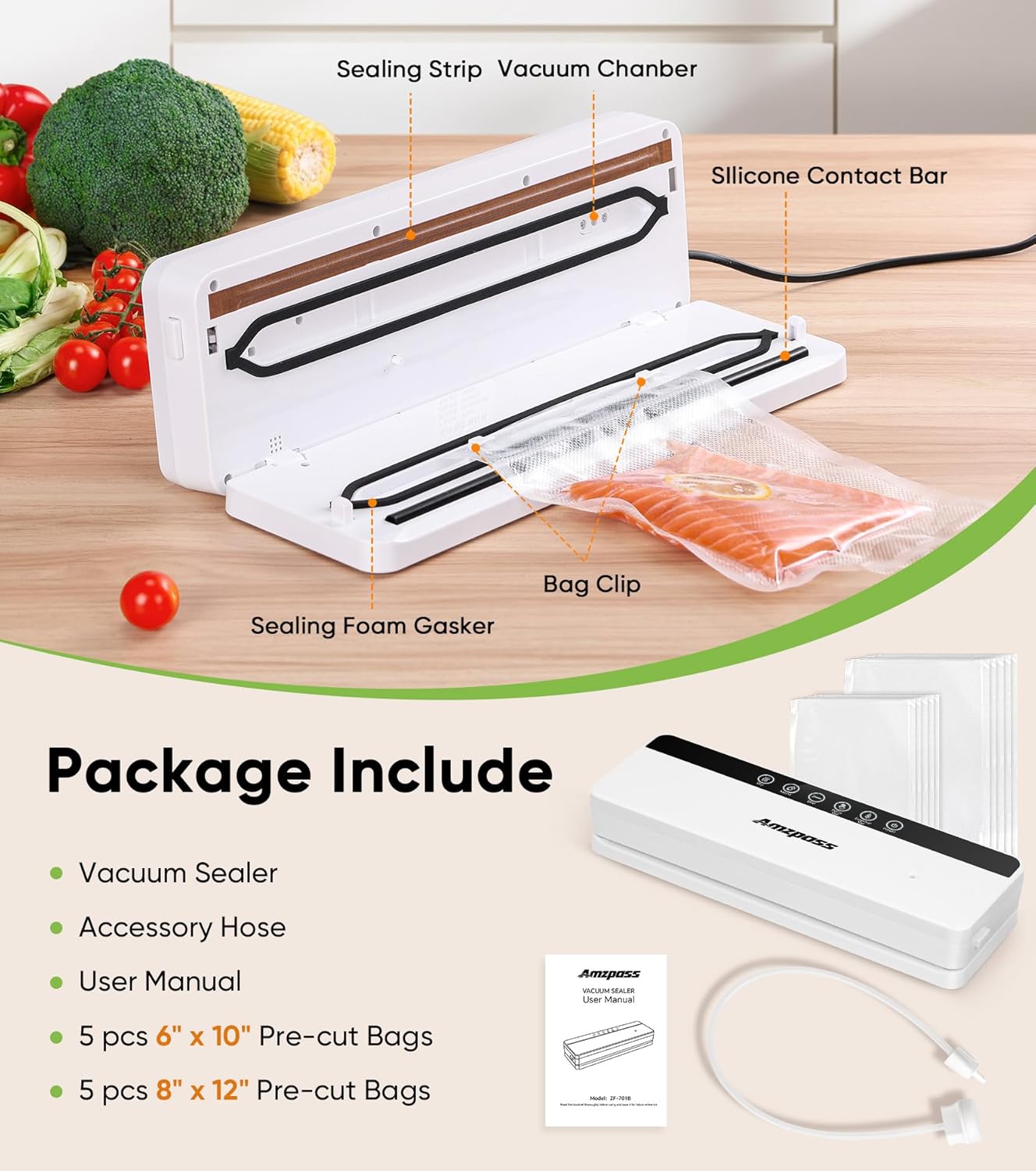 Skiennix Vacuum Sealer - 6-in-1 Food Preservation Machine with 80kPa Suction Power | Compact Design, 10 Bags Included, White