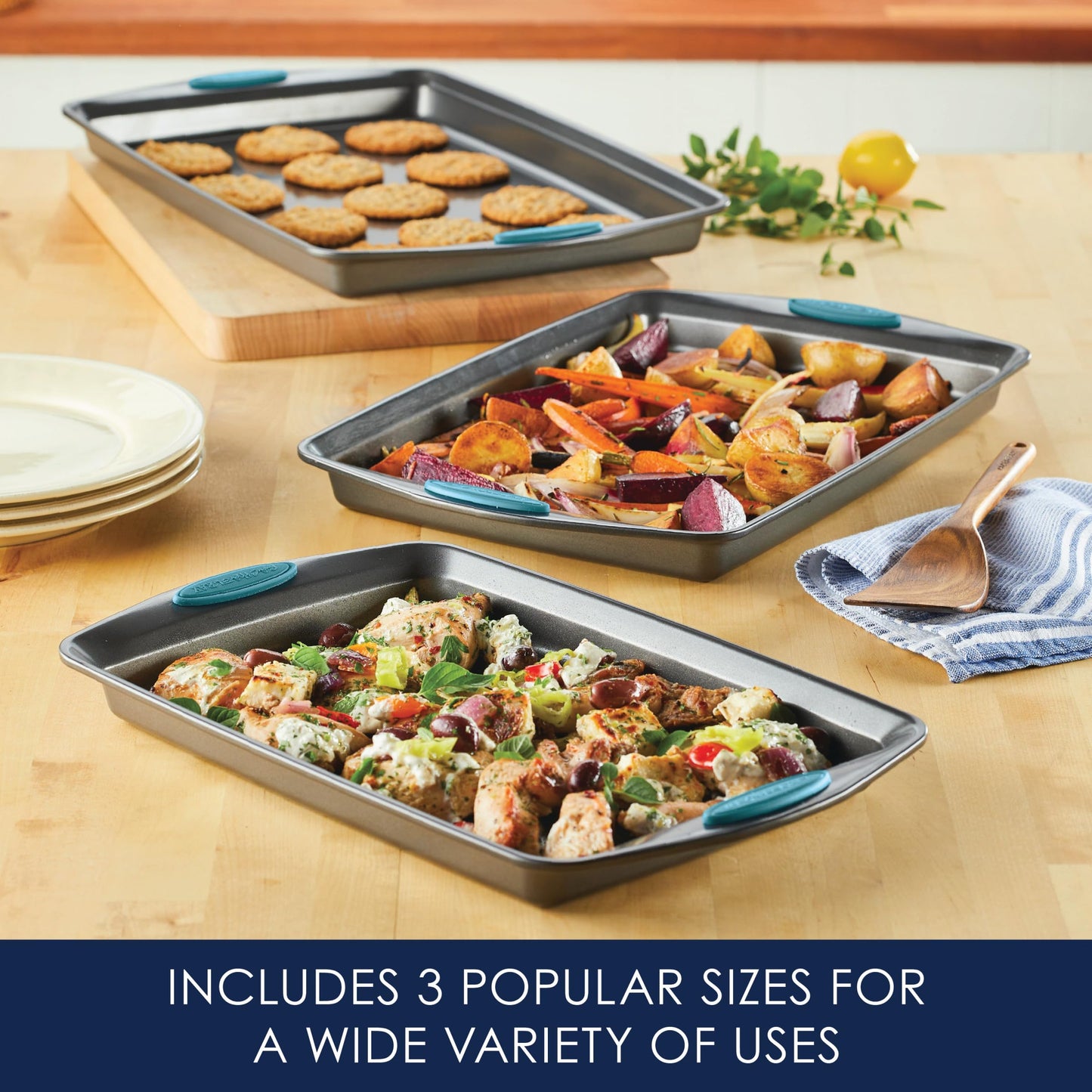 Rachael Ray Bakeware Nonstick Cookie Pan Set, 3-Piece, Gray with Agave Blue Grips