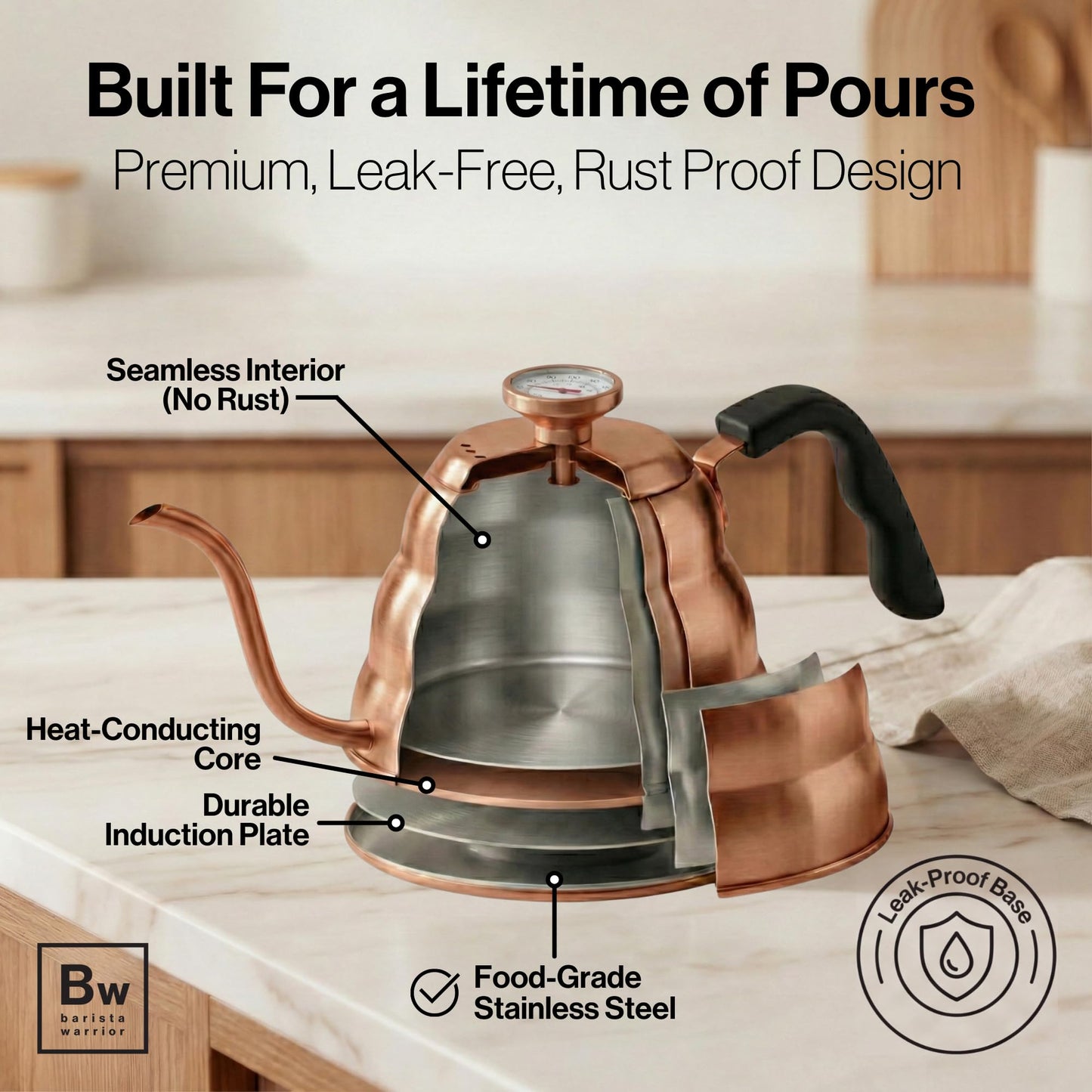 Barista Warrior Gooseneck Kettle with Thermometer - 1.2L Pour Over Coffee & Tea Kettle, Copper Coated Stainless Steel Gooseneck Kettle Pot, Precision Pour Drip Spout, Suitable for All-Stoves (40 floz)