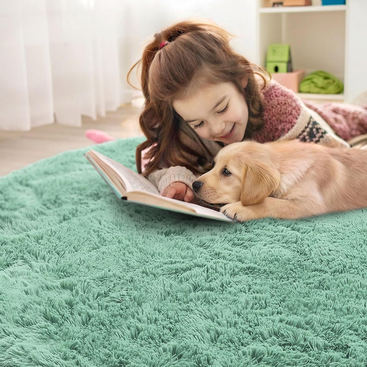 OLANLY Mint Green Round Rug - Soft & Fluffy 5 ft Circle Area Rug for Bedroom & Living Room Decor