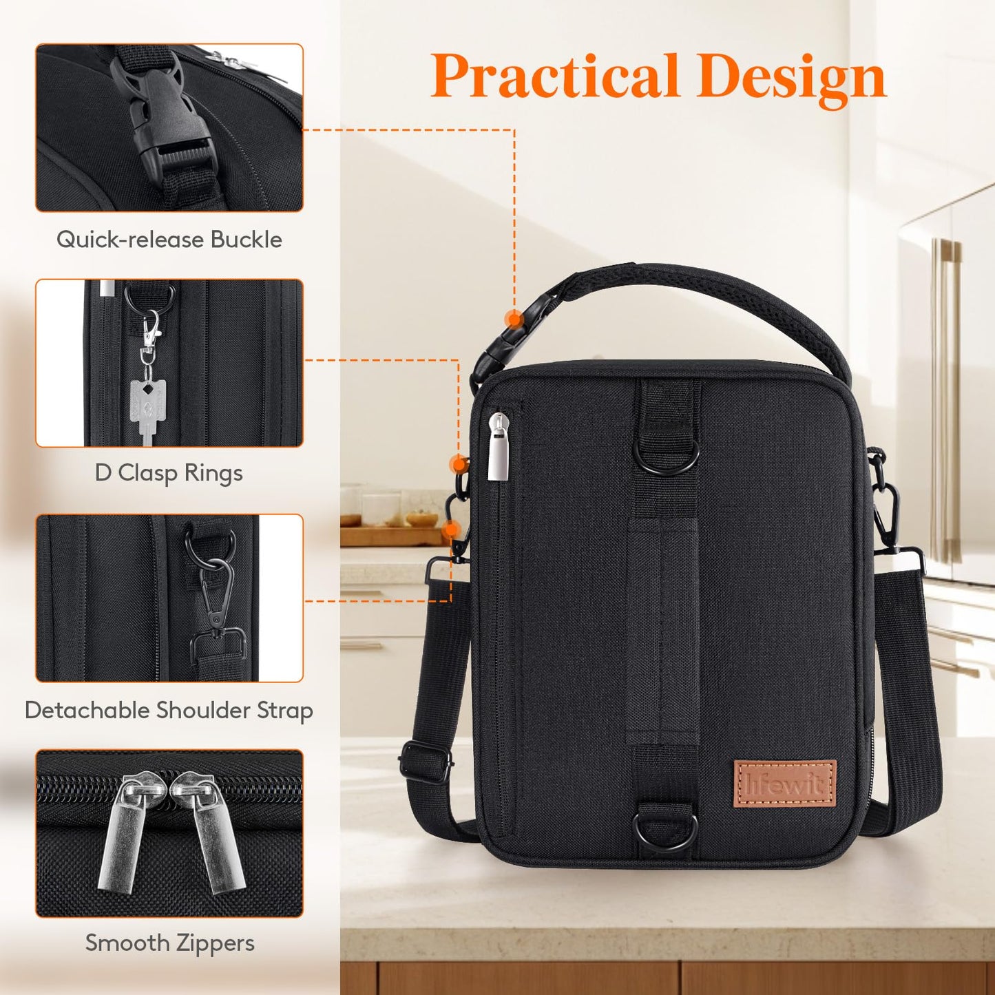Lifewit Insulated Lunch Box for Men, Expandable Cooler Bag, Freezable Lunch Bag for Women with 2 Ice Packs and Shoulder Straps for Work Travel College, 8.2L Black