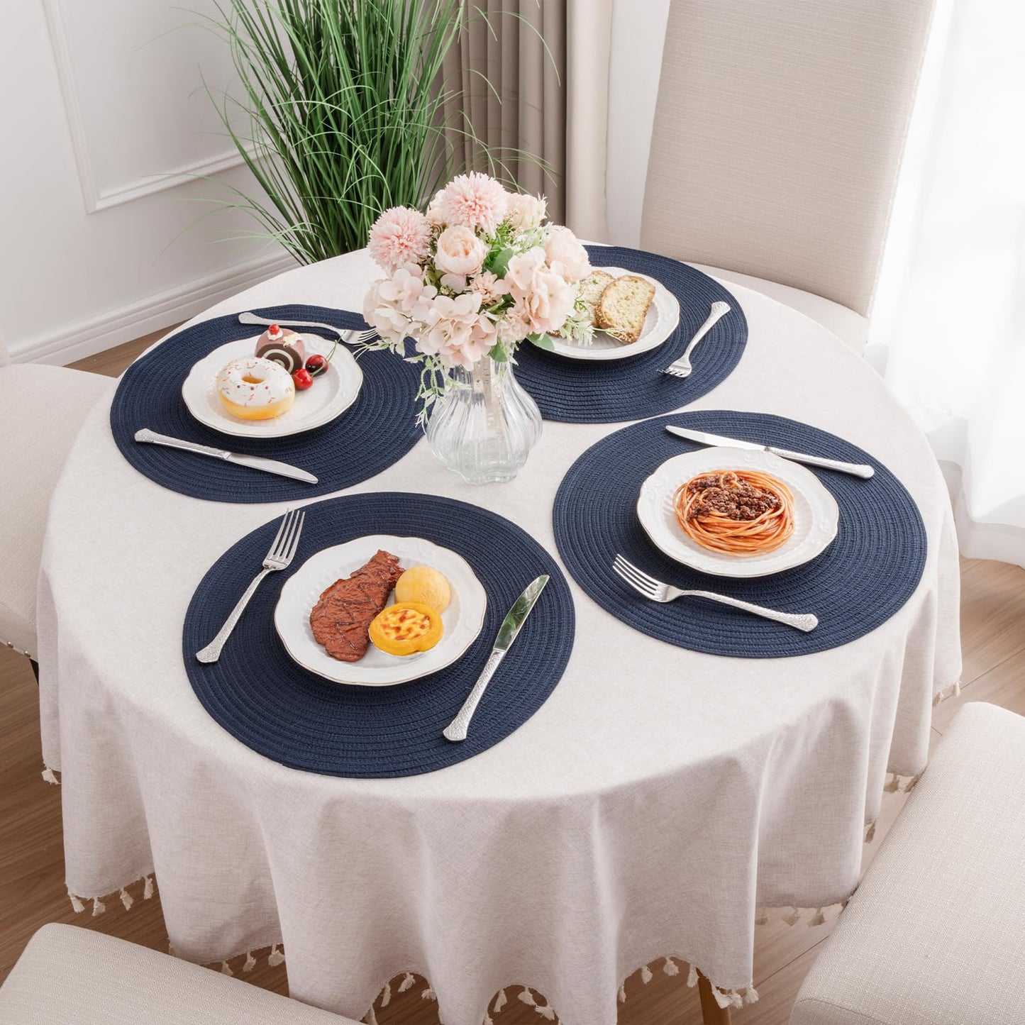 SHACOS Round Placemats Set of 4 Washable 15 inch Round Table Mats Cotton Polyester Woven Braided Place Mats for Dining Table, Navy