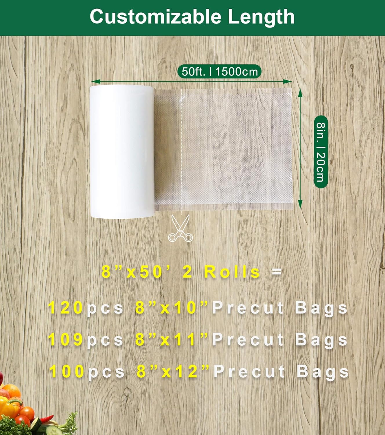 Skiennix Vacuum Sealer Bags - BPA-Free Heavy Duty Rolls 8 Inch x 50 Feet | Perfect for Food Storage & Sous Vide