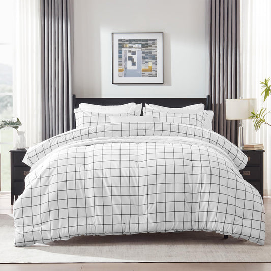 SLEEP ZONE 7 Pcs Comforter and Sheet Set Queen Size, Grey Grid Luxury Fluffy Soft Down Alternative Comforters with Flat Sheet, Fitted Sheets, Pillowcase, White