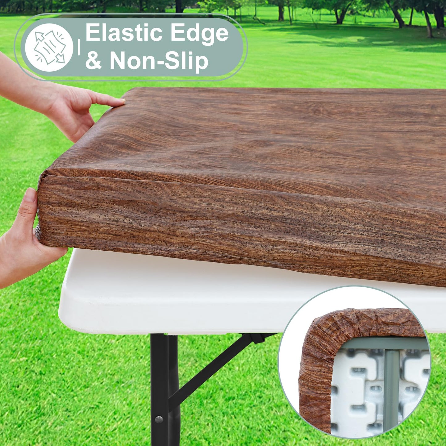 misaya Rectangle Vinyl Tablecloth, Fitted Table Cover, Waterproof, Elastic Edge, Plastic Table Cloth Fit 6 Foot Folding Tables for Picnic, Indoor and Outdoor (Oak Wooden Grain, 30 x 72 inch)