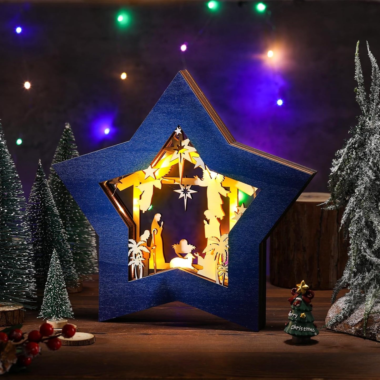 Wooden Nativity Scene Set - Rustic Christmas Tabletop Decoration with LED Light | Blue & White