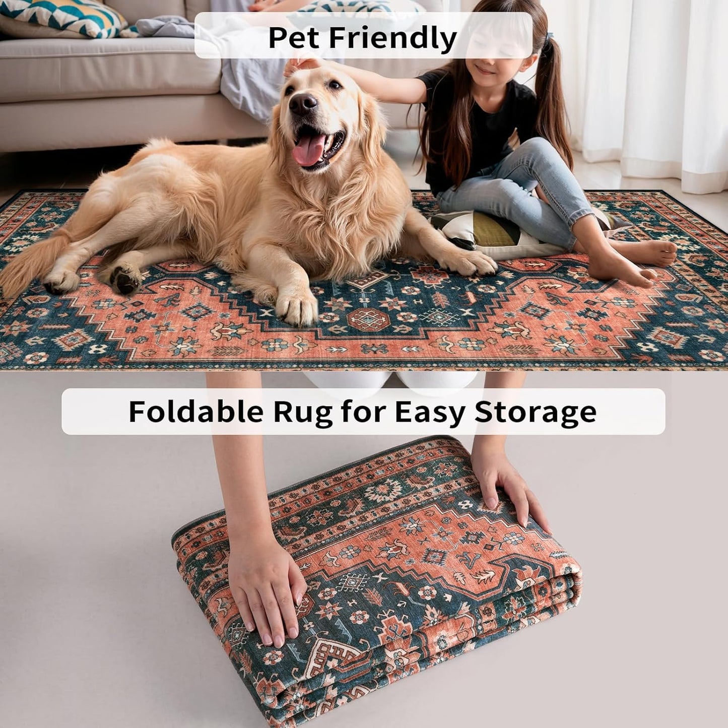 Tangsoo Vintage Small 2x3 Rug - Washable Non-Slip Entryway Mat in Boho Red & Blue Design