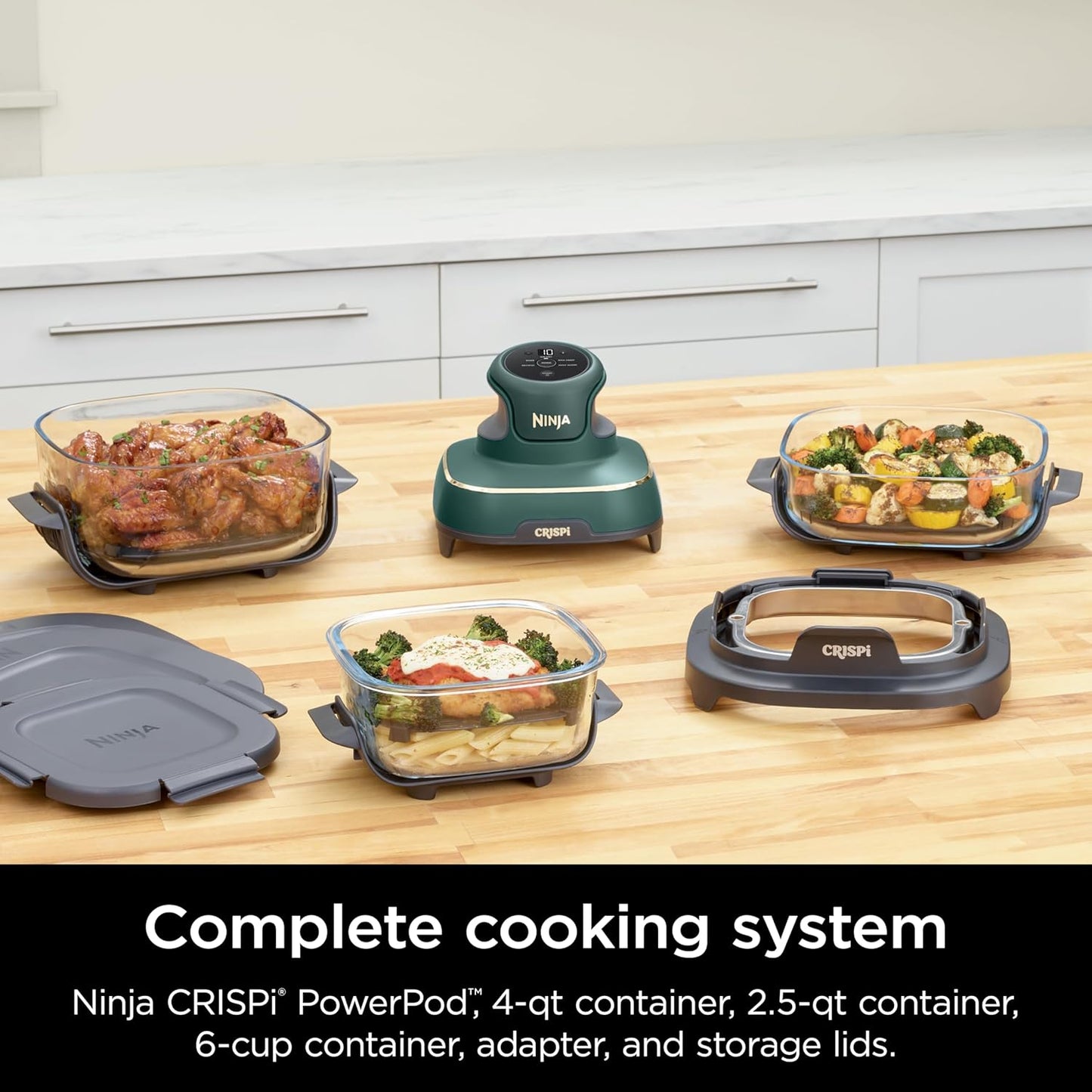 Ninja Crispi 5-in-1 Glass Air Fryer - 450°F, Nontoxic, 4QT & 6-Cup Containers | Dishwasher Safe, Max Crisp, Bake & More | Brit. Racing Green