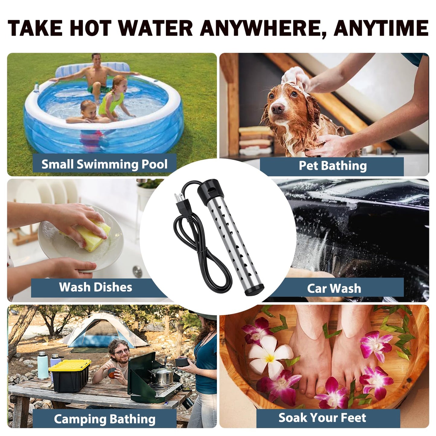 2000W Immersion Heater, Portable Electric Water Heater Fast Heating for Buckets Bathtubs, Submersible Water Heater with LCD Thermometer 304 SS Guard, 5 Gallons of Water in Minutes